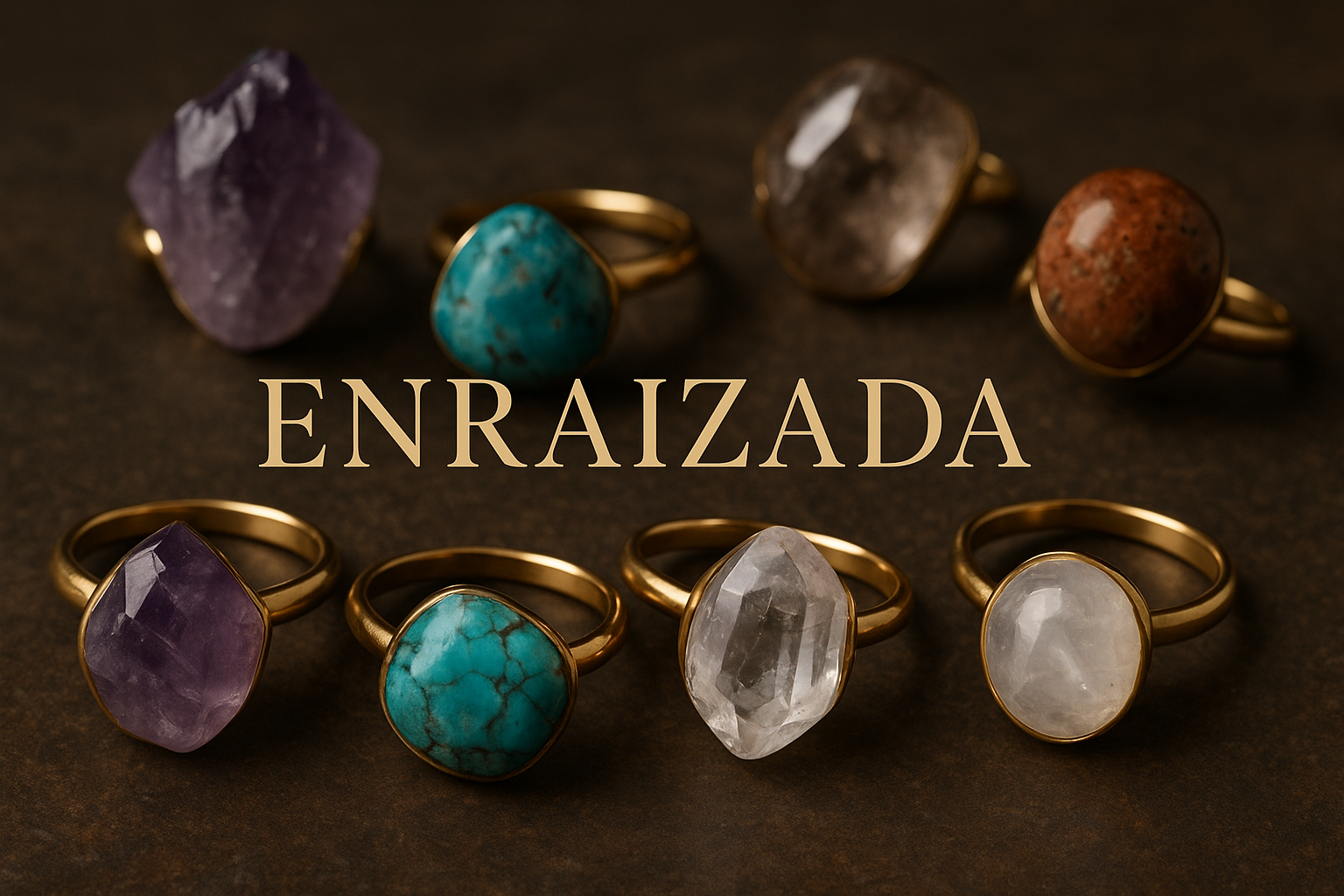 Hazme una imagen con anillos de minerales super realista y con el nombre de enraizada con una letra profesional